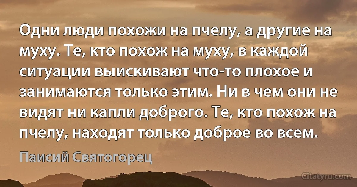 Одни люди похожи на пчелу, а другие на муху. Те, кто похож на муху, в каждой ситуации выискивают что-то плохое и занимаются только этим. Ни в чем они не видят ни капли доброго. Те, кто похож на пчелу, находят только доброе во всем. (Паисий Святогорец)