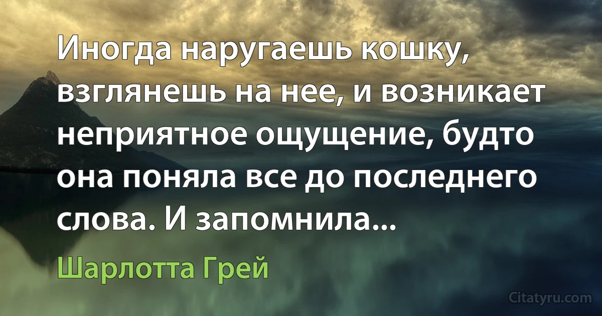 Иногда наругаешь кошку, взглянешь на нее, и возникает неприятное ощущение, будто она поняла все до последнего слова. И запомнила... (Шарлотта Грей)