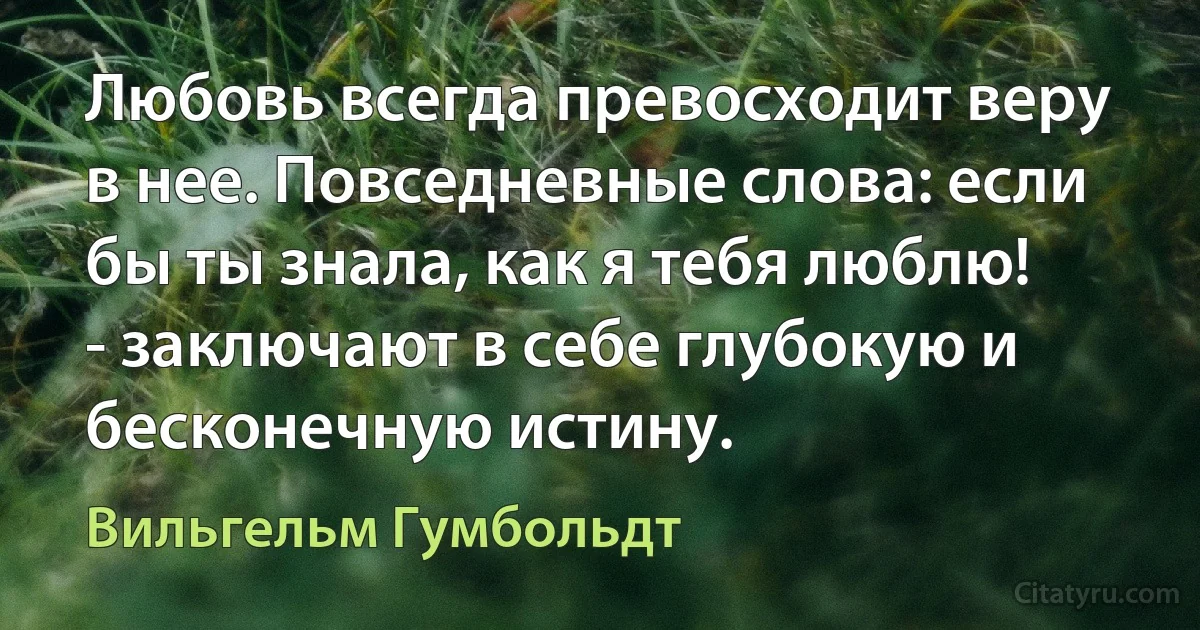 Любовь всегда превосходит веру в нее. Повседневные слова: если бы ты знала, как я тебя люблю! - заключают в себе глубокую и бесконечную истину. (Вильгельм Гумбольдт)