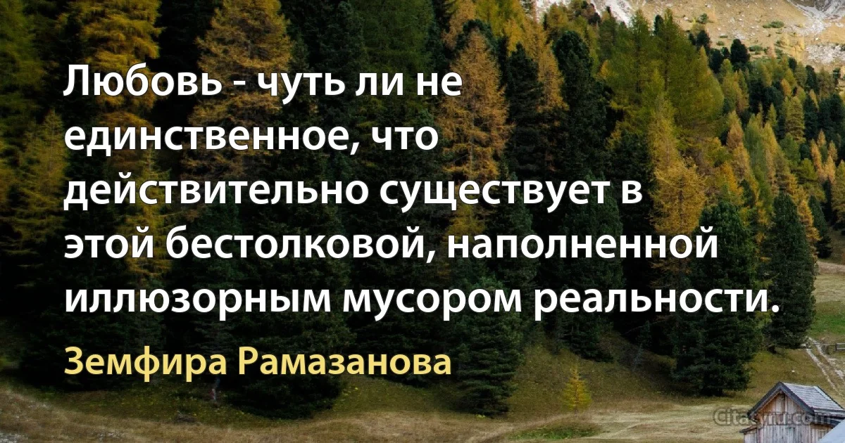 Любовь - чуть ли не единственное, что действительно существует в этой бестолковой, наполненной иллюзорным мусором реальности. (Земфира Рамазанова)