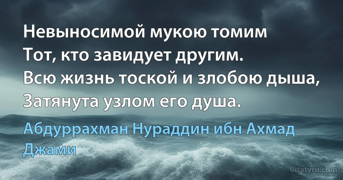 Невыносимой мукою томим
Тот, кто завидует другим.
Всю жизнь тоской и злобою дыша,
Затянута узлом его душа. (Абдуррахман Нураддин ибн Ахмад Джами)