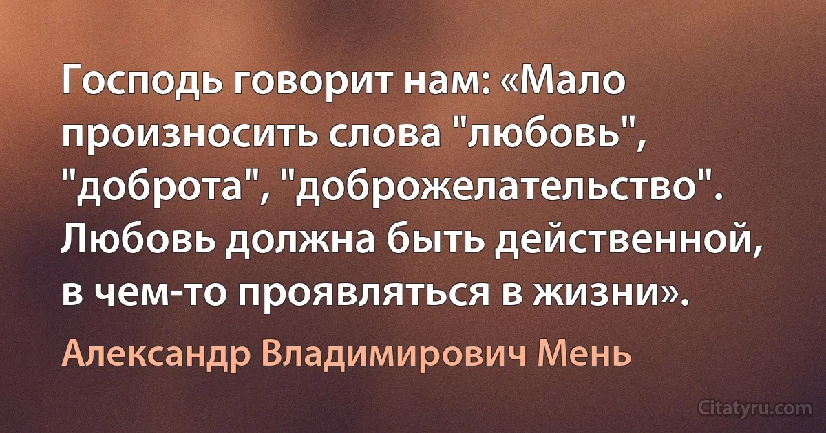 Господь говорит нам: «Мало произносить слова "любовь", "доброта", "доброжелательство". Любовь должна быть действенной, в чем-то проявляться в жизни». (Александр Владимирович Мень)