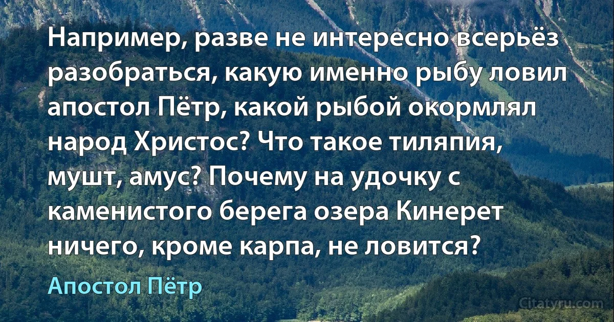 Например, разве не интересно всерьёз разобраться, какую именно рыбу ловил апостол Пётр, какой рыбой окормлял народ Христос? Что такое тиляпия, мушт, амус? Почему на удочку с каменистого берега озера Кинерет ничего, кроме карпа, не ловится? (Апостол Пётр)