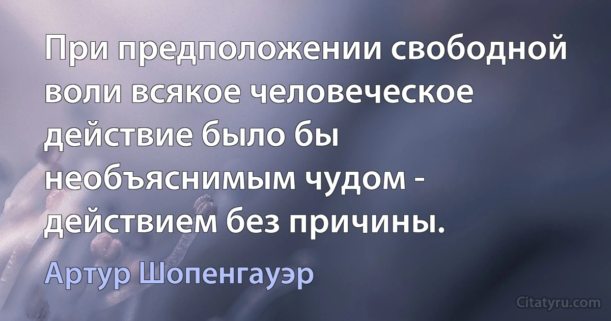 При предположении свободной воли всякое человеческое действие было бы необъяснимым чудом - действием без причины. (Артур Шопенгауэр)