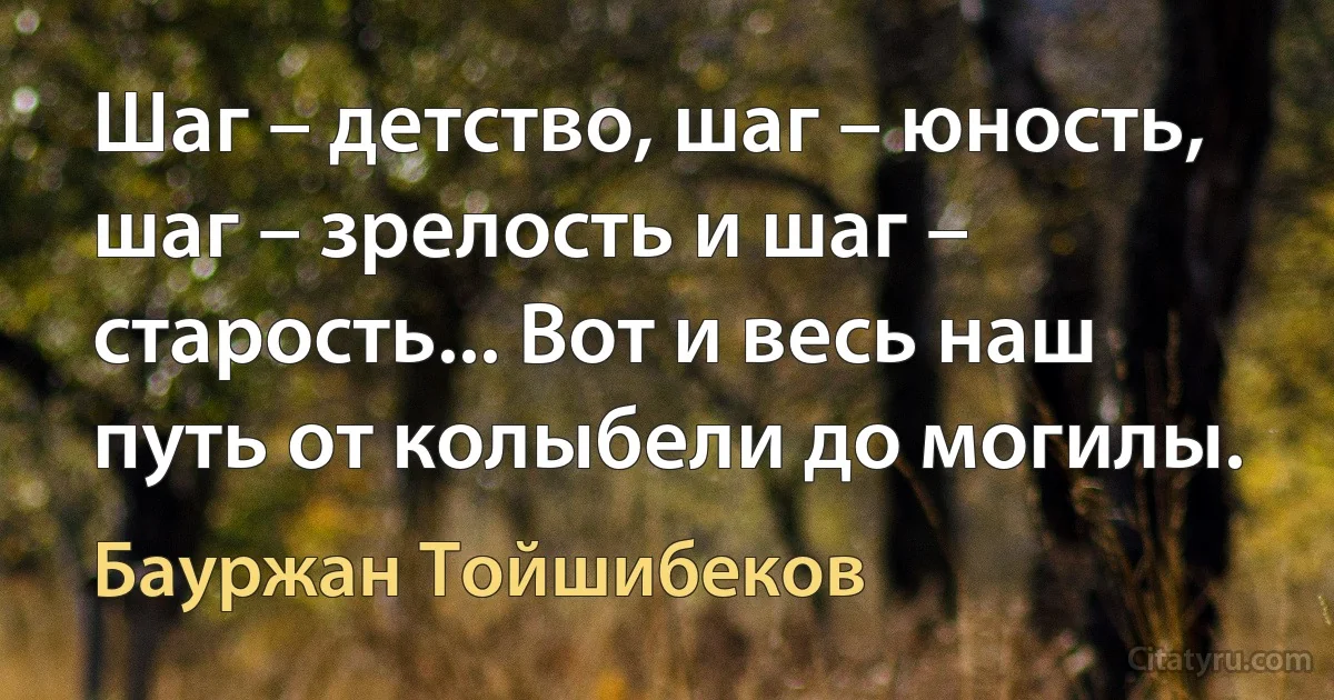 Шаг – детство, шаг – юность, шаг – зрелость и шаг – старость... Вот и весь наш путь от колыбели до могилы. (Бауржан Тойшибеков)