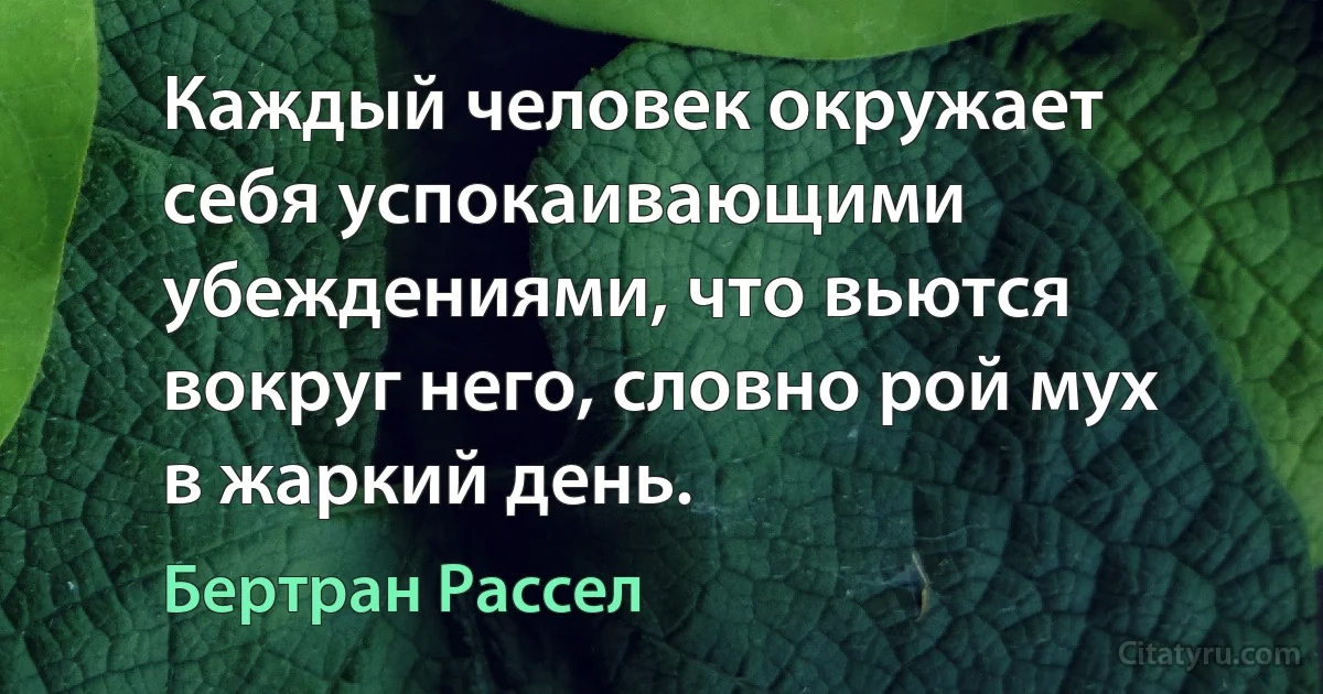 Каждый человек окружает себя успокаивающими убеждениями, что вьются вокруг него, словно рой мух в жаркий день. (Бертран Рассел)