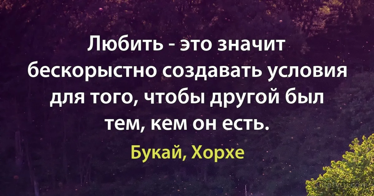 Любить - это значит бескорыстно создавать условия для того, чтобы другой был тем, кем он есть. (Букай, Хорхе)