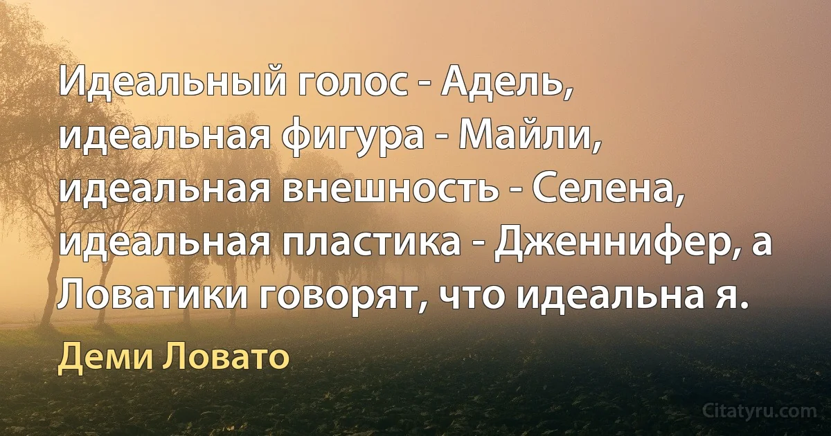 Идеальный голос - Адель, идеальная фигура - Майли, идеальная внешность - Селена, идеальная пластика - Дженнифер, а Ловатики говорят, что идеальна я. (Деми Ловато)