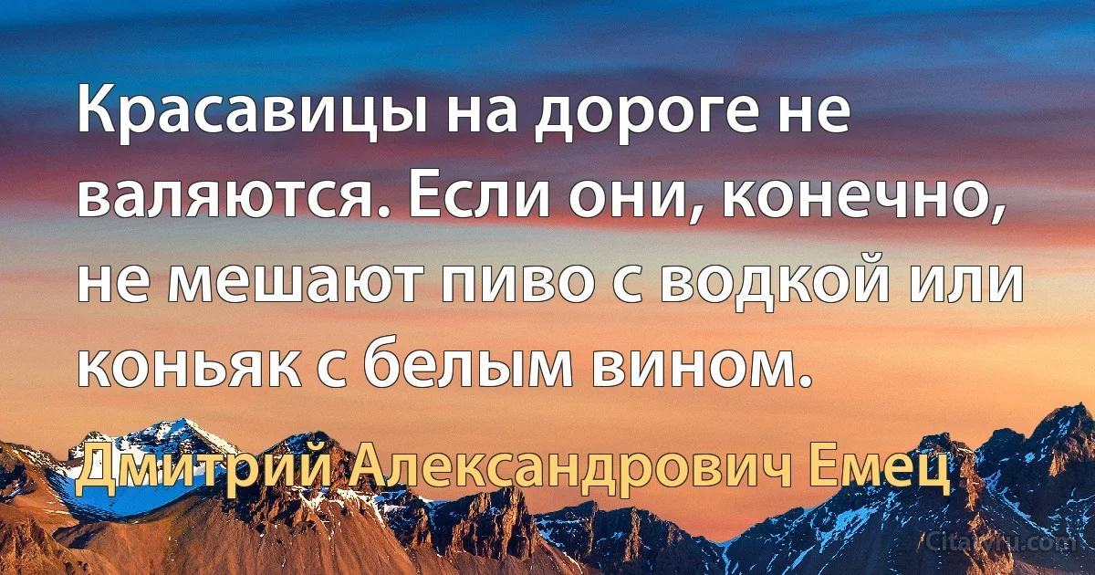 Красавицы на дороге не валяются. Если они, конечно, не мешают пиво с водкой или коньяк с белым вином. (Дмитрий Александрович Емец)