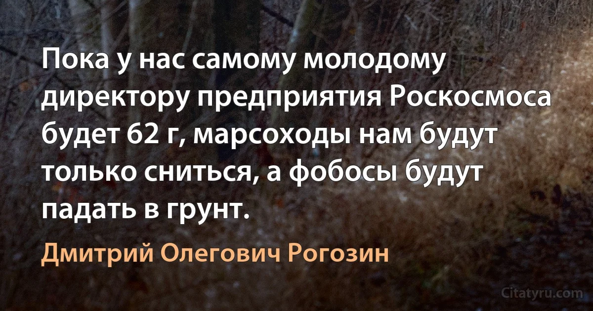 Пока у нас самому молодому директору предприятия Роскосмоса будет 62 г, марсоходы нам будут только сниться, а фобосы будут падать в грунт. (Дмитрий Олегович Рогозин)