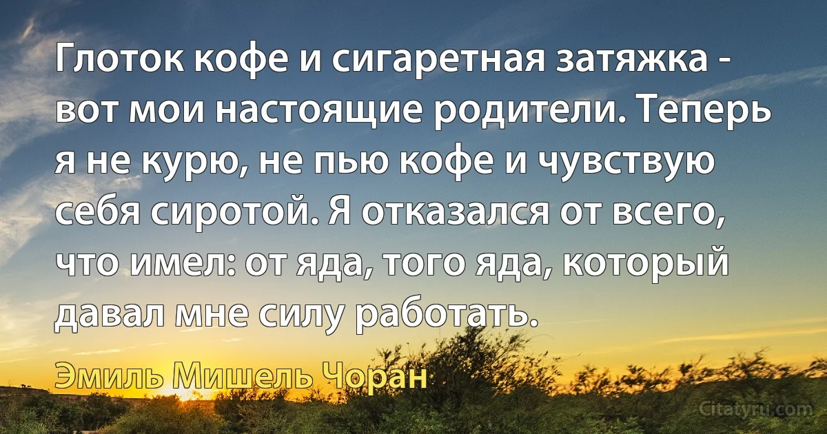 Глоток кофе и сигаретная затяжка - вот мои настоящие родители. Теперь я не курю, не пью кофе и чувствую себя сиротой. Я отказался от всего, что имел: от яда, того яда, который давал мне силу работать. (Эмиль Мишель Чоран)