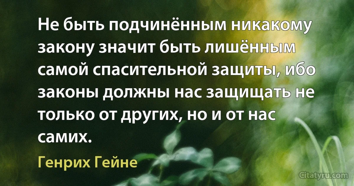 Не быть подчинённым никакому закону значит быть лишённым самой спасительной защиты, ибо законы должны нас защищать не только от других, но и от нас самих. (Генрих Гейне)