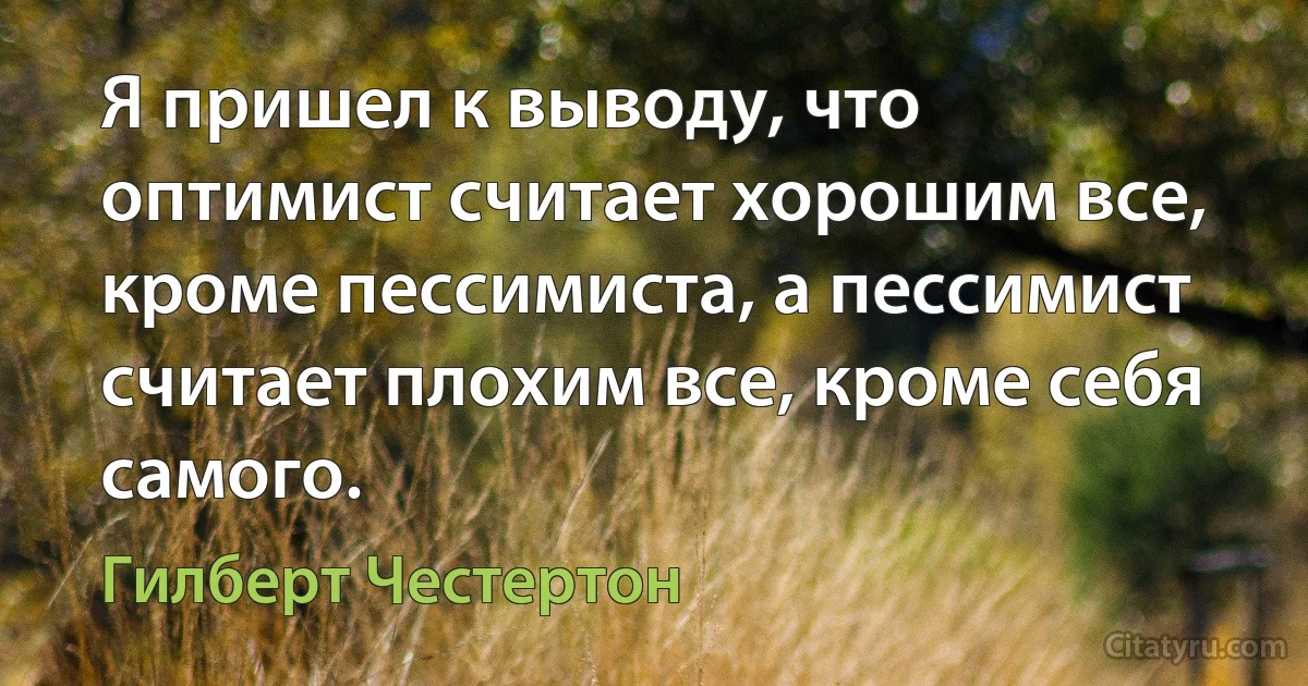 Я пришел к выводу, что оптимист считает хорошим все, кроме пессимиста, а пессимист считает плохим все, кроме себя самого. (Гилберт Честертон)