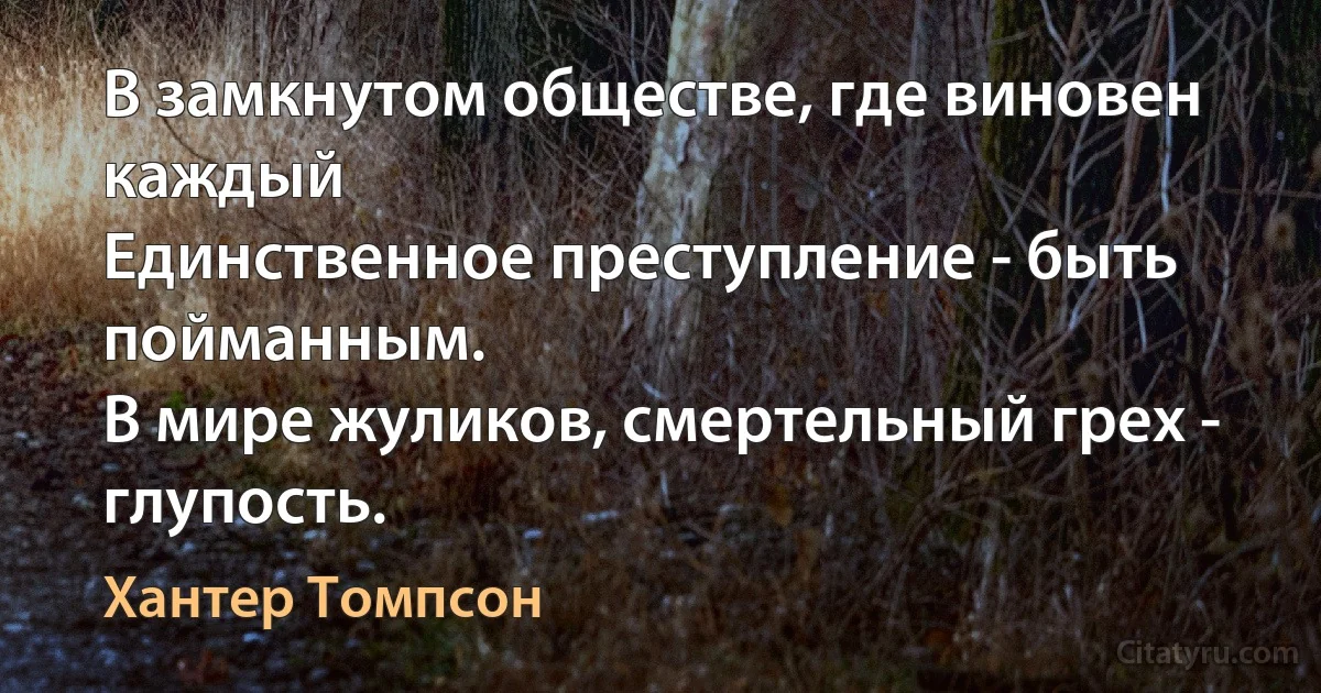 В замкнутом обществе, где виновен каждый
Единственное преступление - быть пойманным.
В мире жуликов, смертельный грех - глупость. (Хантер Томпсон)