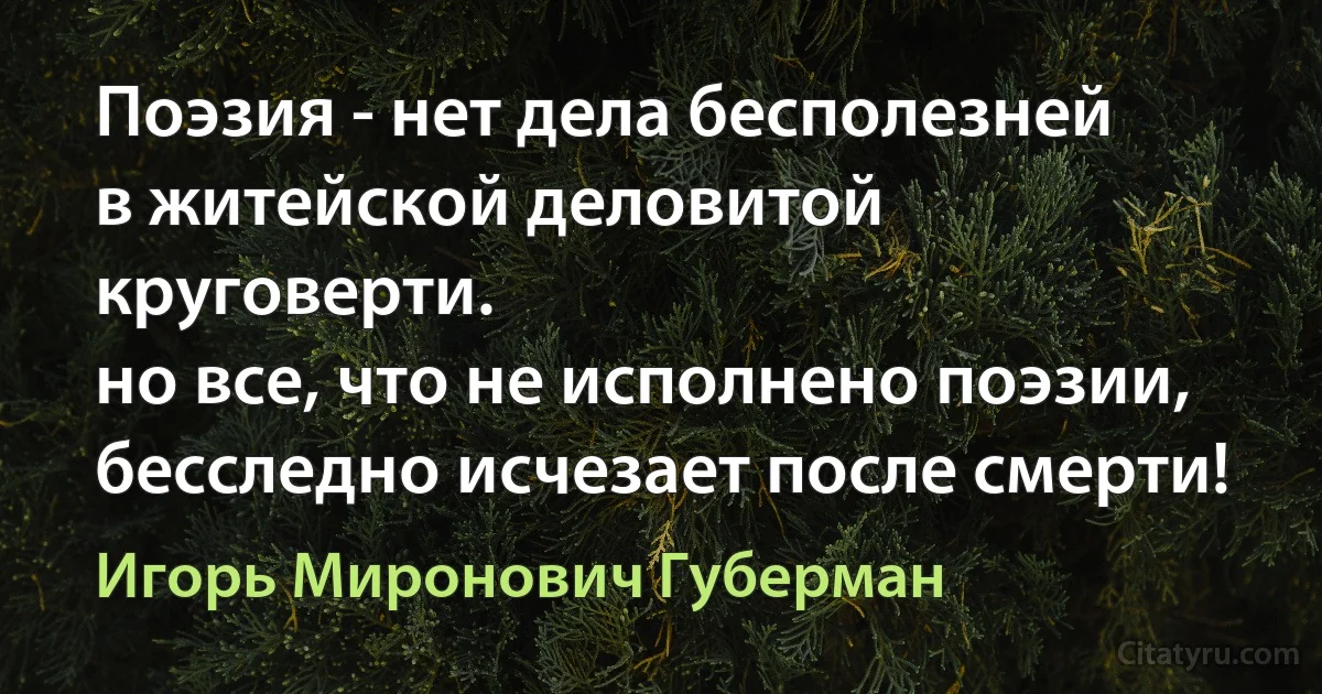 Поэзия - нет дела бесполезней
в житейской деловитой круговерти.
но все, что не исполнено поэзии,
бесследно исчезает после смерти! (Игорь Миронович Губерман)