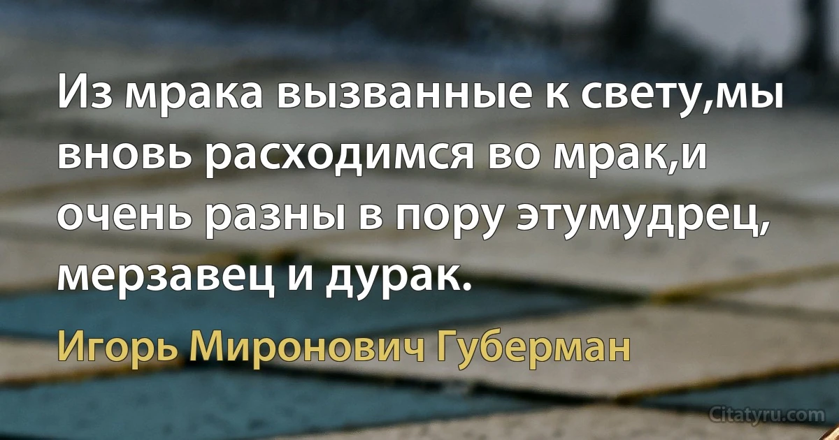 Из мрака вызванные к свету,мы вновь расходимся во мрак,и очень разны в пору этумудрец, мерзавец и дурак. (Игорь Миронович Губерман)