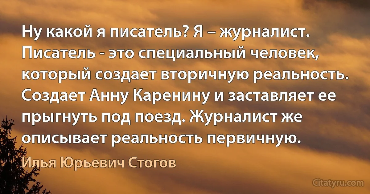 Ну какой я писатель? Я – журналист. Писатель - это специальный человек, который создает вторичную реальность. Создает Анну Каренину и заставляет ее прыгнуть под поезд. Журналист же описывает реальность первичную. (Илья Юрьевич Стогов)