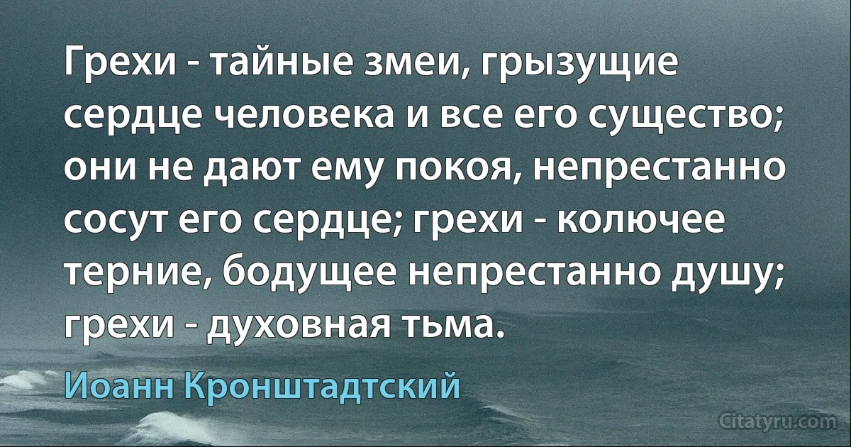 Грехи - тайные змеи, грызущие сердце человека и все его существо; они не дают ему покоя, непрестанно сосут его сердце; грехи - колючее терние, бодущее непрестанно душу; грехи - духовная тьма. (Иоанн Кронштадтский)