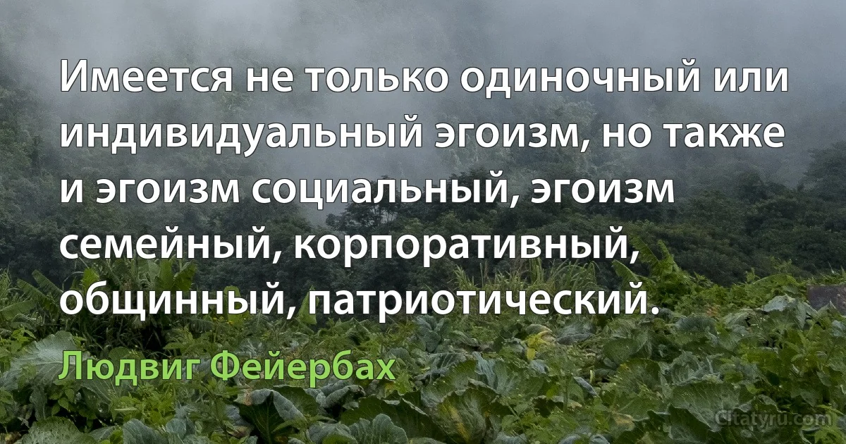 Имеется не только одиночный или индивидуальный эгоизм, но также и эгоизм социальный, эгоизм семейный, корпоративный, общинный, патриотический. (Людвиг Фейербах)