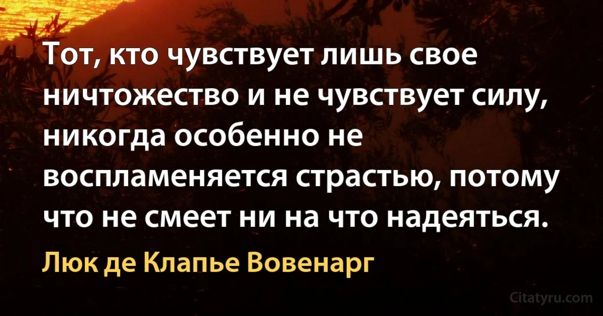 Тот, кто чувствует лишь свое ничтожество и не чувствует силу, никогда особенно не воспламеняется страстью, потому что не смеет ни на что надеяться. (Люк де Клапье Вовенарг)