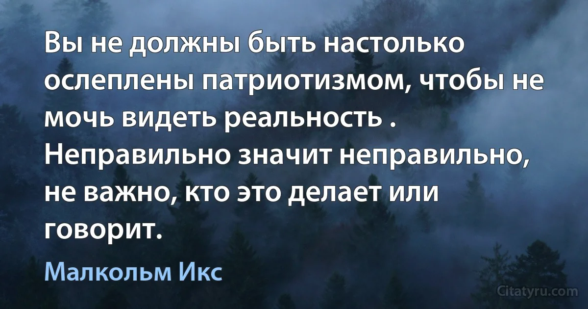 Вы не должны быть настолько ослеплены патриотизмом, чтобы не мочь видеть реальность . Неправильно значит неправильно, не важно, кто это делает или говорит. (Малкольм Икс)