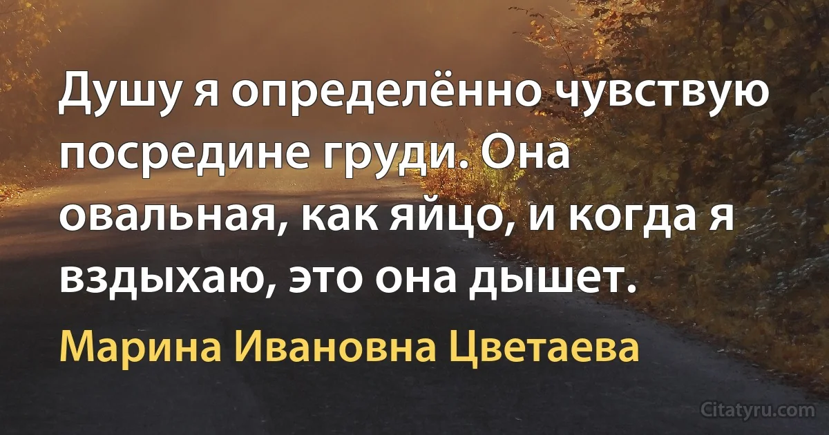 Душу я определённо чувствую посредине груди. Она овальная, как яйцо, и когда я вздыхаю, это она дышет. (Марина Ивановна Цветаева)