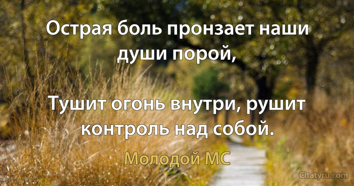 Острая боль пронзает наши души порой,

Тушит огонь внутри, рушит контроль над собой. (Молодой MC)