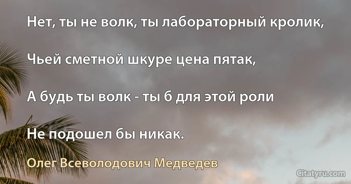 Нет, ты не волк, ты лабораторный кролик,

Чьей сметной шкуре цена пятак,

А будь ты волк - ты б для этой роли

Не подошел бы никак. (Олег Всеволодович Медведев)