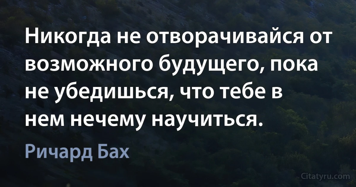 Никогда не отворачивайся от возможного будущего, пока не убедишься, что тебе в нем нечему научиться. (Ричард Бах)