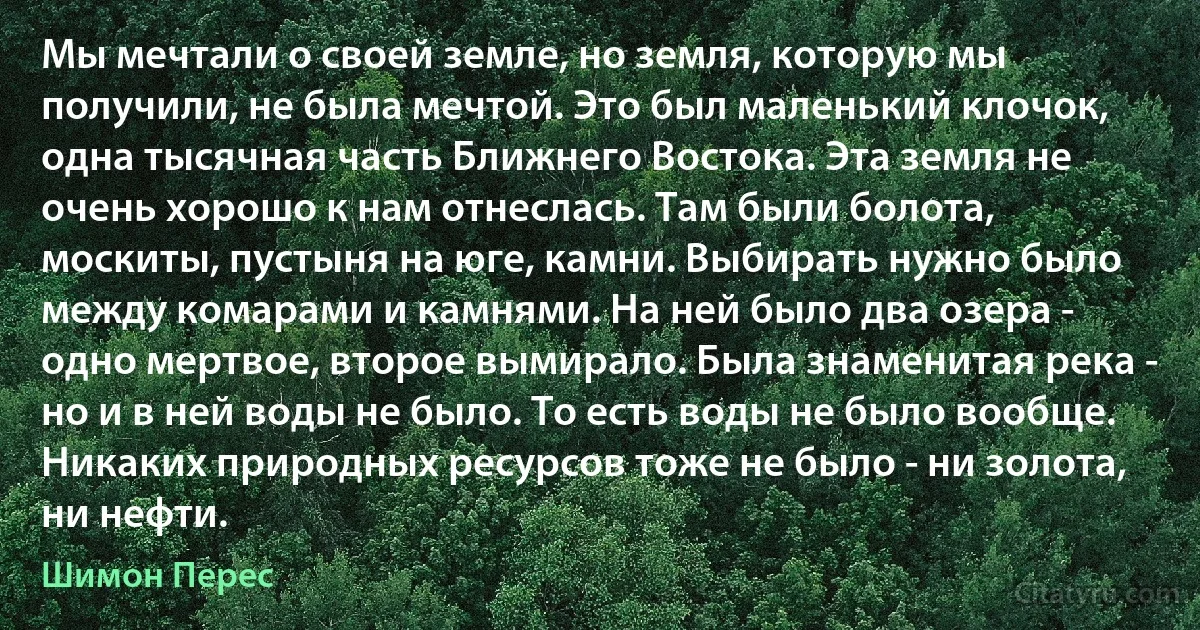 Мы мечтали о своей земле, но земля, которую мы получили, не была мечтой. Это был маленький клочок, одна тысячная часть Ближнего Востока. Эта земля не очень хорошо к нам отнеслась. Там были болота, москиты, пустыня на юге, камни. Выбирать нужно было между комарами и камнями. На ней было два озера - одно мертвое, второе вымирало. Была знаменитая река - но и в ней воды не было. То есть воды не было вообще. Никаких природных ресурсов тоже не было - ни золота, ни нефти. (Шимон Перес)