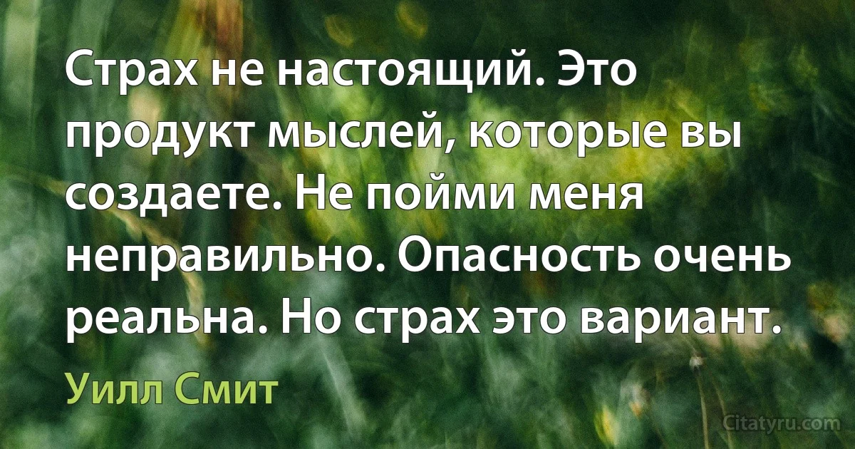 Страх не настоящий. Это продукт мыслей, которые вы создаете. Не пойми меня неправильно. Опасность очень реальна. Но страх это вариант. (Уилл Смит)