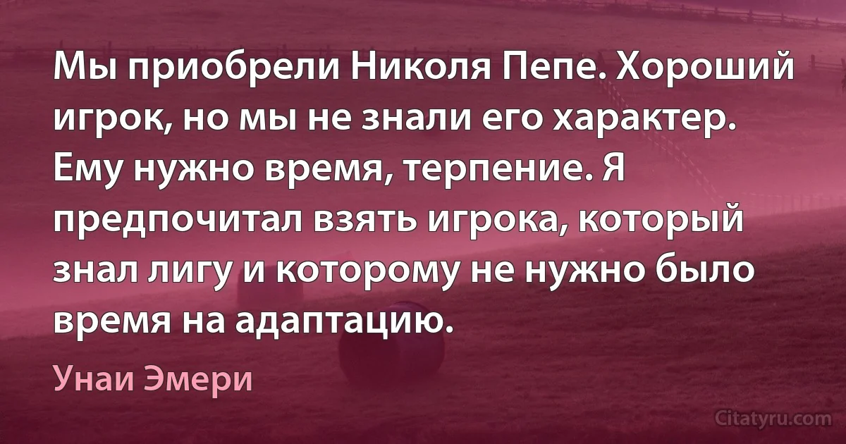 Мы приобрели Николя Пепе. Хороший игрок, но мы не знали его характер. Ему нужно время, терпение. Я предпочитал взять игрока, который знал лигу и которому не нужно было время на адаптацию. (Унаи Эмери)