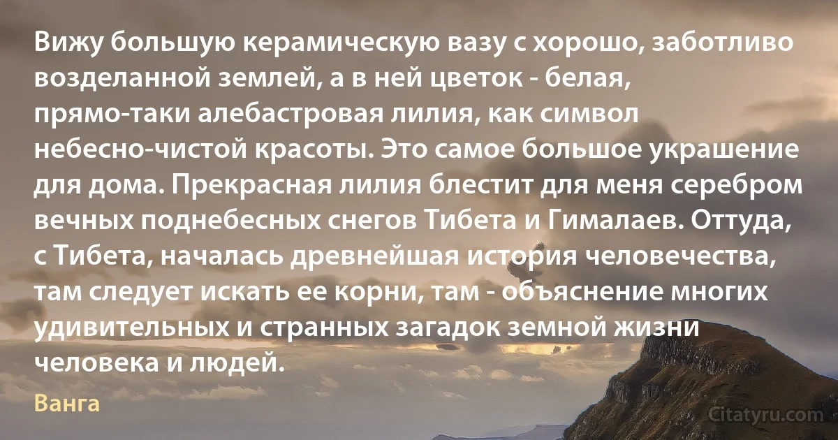 Вижу большую керамическую вазу с хорошо, заботливо возделанной землей, а в ней цветок - белая, прямо-таки алебастровая лилия, как символ небесно-чистой красоты. Это самое большое украшение для дома. Прекрасная лилия блестит для меня серебром вечных поднебесных снегов Тибета и Гималаев. Оттуда, с Тибета, началась древнейшая история человечества, там следует искать ее корни, там - объяснение многих удивительных и странных загадок земной жизни человека и людей. (Ванга)