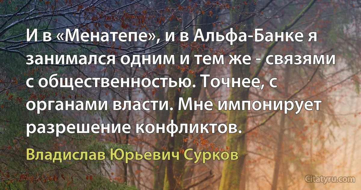 И в «Менатепе», и в Альфа-Банке я занимался одним и тем же - связями с общественностью. Точнее, с органами власти. Мне импонирует разрешение конфликтов. (Владислав Юрьевич Сурков)