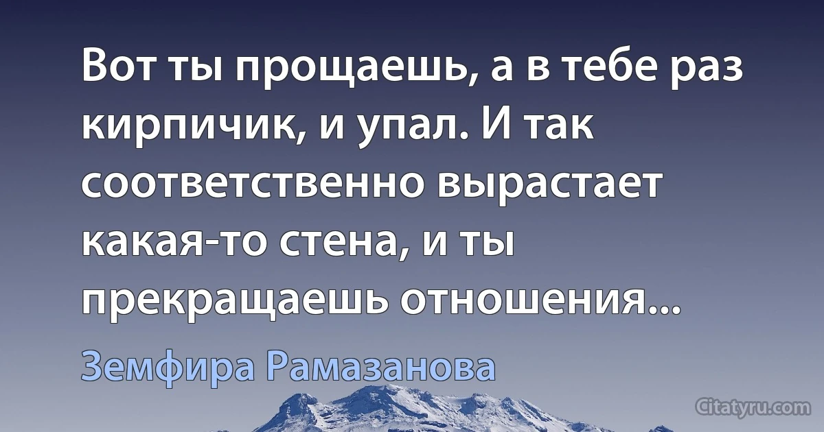 Вот ты прощаешь, а в тебе раз кирпичик, и упал. И так соответственно вырастает какая-то стена, и ты прекращаешь отношения... (Земфира Рамазанова)