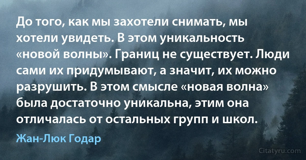 До того, как мы захотели снимать, мы хотели увидеть. В этом уникальность «новой волны». Границ не существует. Люди сами их придумывают, а значит, их можно разрушить. В этом смысле «новая волна» была достаточно уникальна, этим она отличалась от остальных групп и школ. (Жан-Люк Годар)