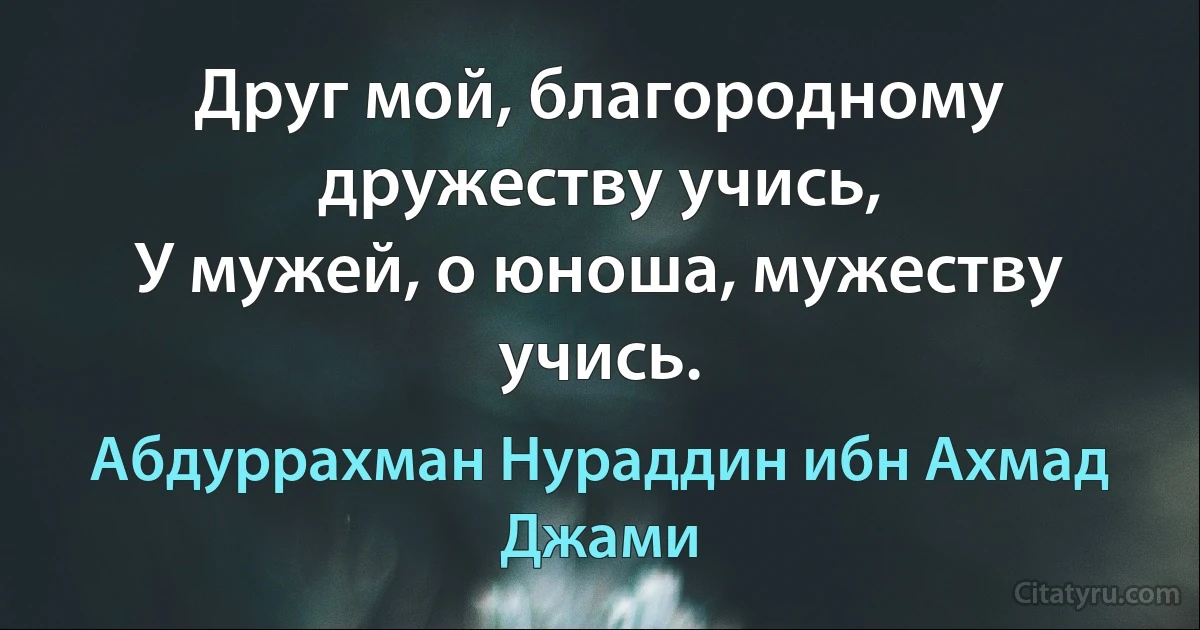 Друг мой, благородному дружеству учись,
У мужей, о юноша, мужеству учись. (Абдуррахман Нураддин ибн Ахмад Джами)