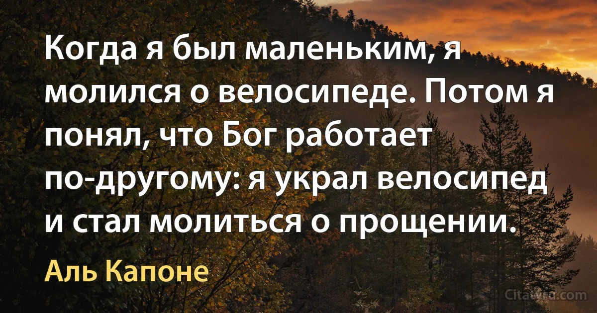 Когда я был маленьким, я молился о велосипеде. Потом я понял, что Бог работает по-другому: я украл велосипед и стал молиться о прощении. (Аль Капоне)