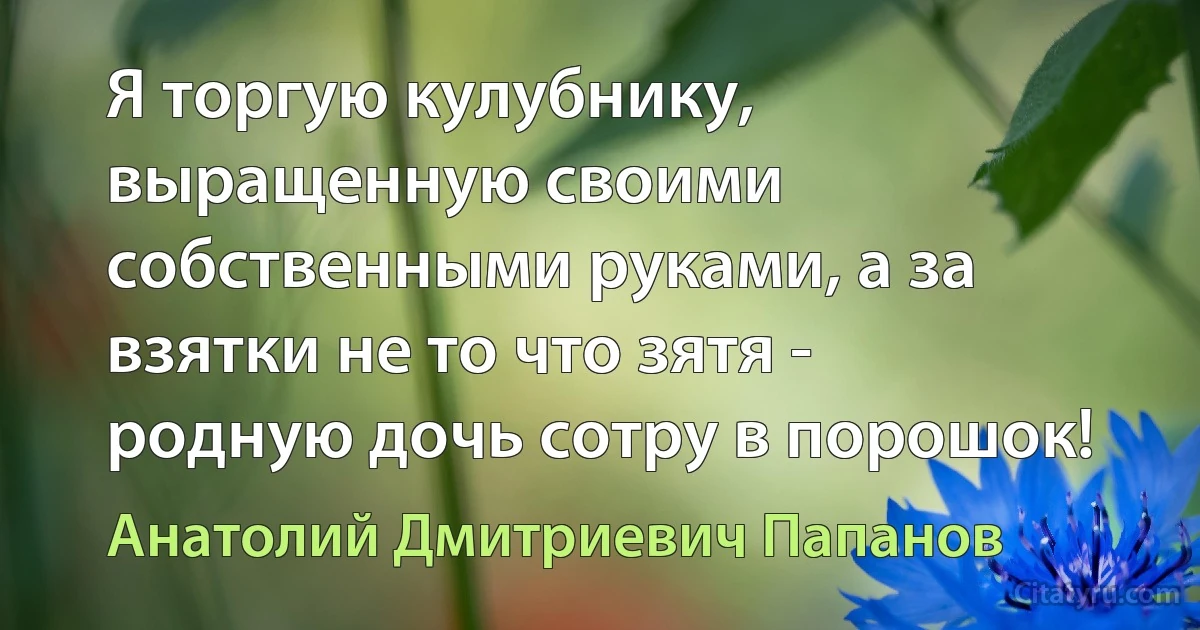 Я торгую кулубнику, выращенную своими собственными руками, а за взятки не то что зятя - родную дочь сотру в порошок! (Анатолий Дмитриевич Папанов)