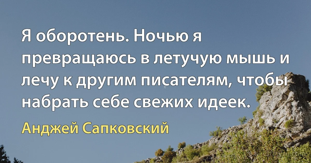 Я оборотень. Ночью я превращаюсь в летучую мышь и лечу к другим писателям, чтобы набрать себе свежих идеек. (Анджей Сапковский)