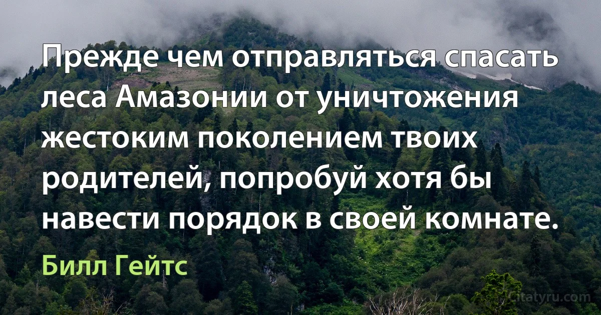 Прежде чем отправляться спасать леса Амазонии от уничтожения жестоким поколением твоих родителей, попробуй хотя бы навести порядок в своей комнате. (Билл Гейтс)