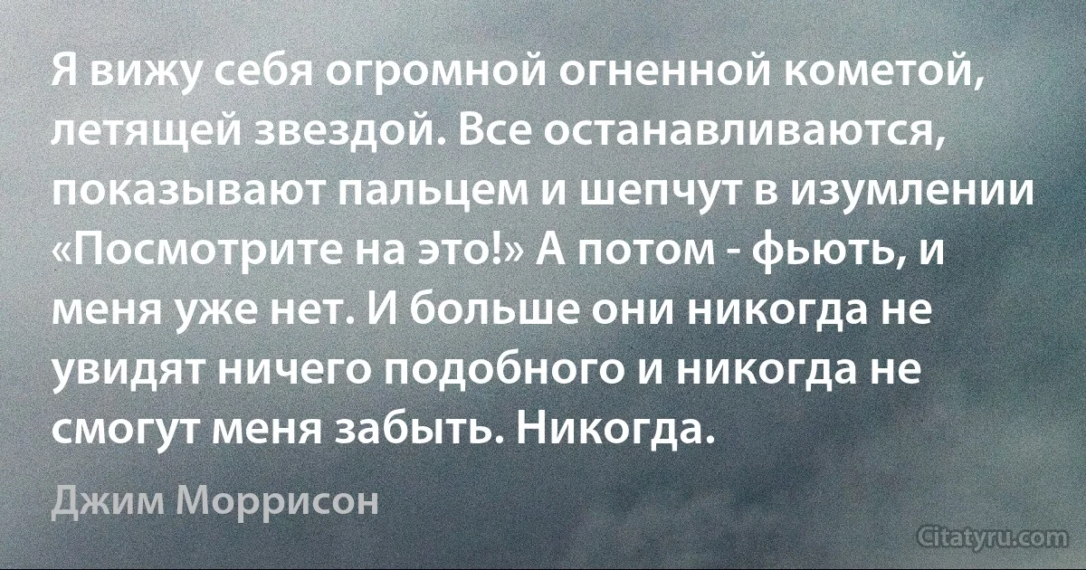 Я вижу себя огромной огненной кометой, летящей звездой. Все останавливаются, показывают пальцем и шепчут в изумлении «Посмотрите на это!» А потом - фьють, и меня уже нет. И больше они никогда не увидят ничего подобного и никогда не смогут меня забыть. Никогда. (Джим Моррисон)