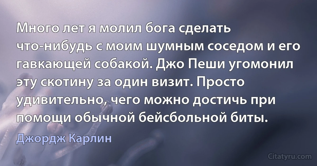 Много лет я молил бога сделать что-нибудь с моим шумным соседом и его гавкающей собакой. Джо Пеши угомонил эту скотину за один визит. Просто удивительно, чего можно достичь при помощи обычной бейсбольной биты. (Джордж Карлин)