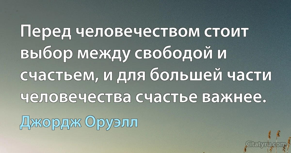 Перед человечеством стоит выбор между свободой и счастьем, и для большей части человечества счастье важнее. (Джордж Оруэлл)