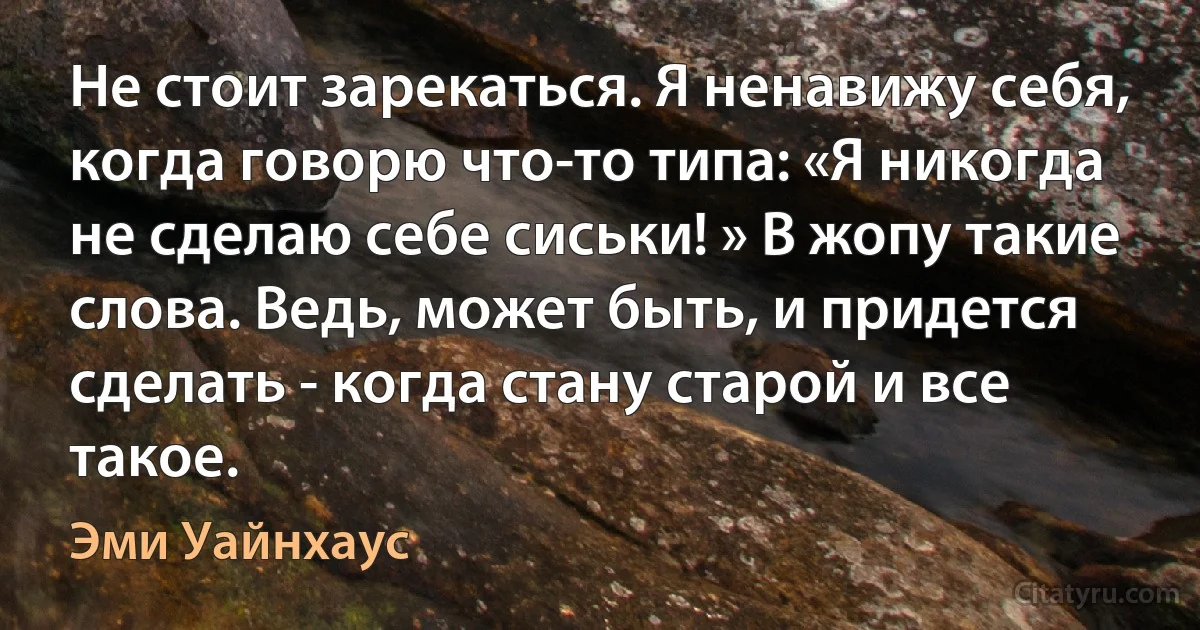 Не стоит зарекаться. Я ненавижу себя, когда говорю что-то типа: «Я никогда не сделаю себе сиськи! » В жопу такие слова. Ведь, может быть, и придется сделать - когда стану старой и все такое. (Эми Уайнхаус)