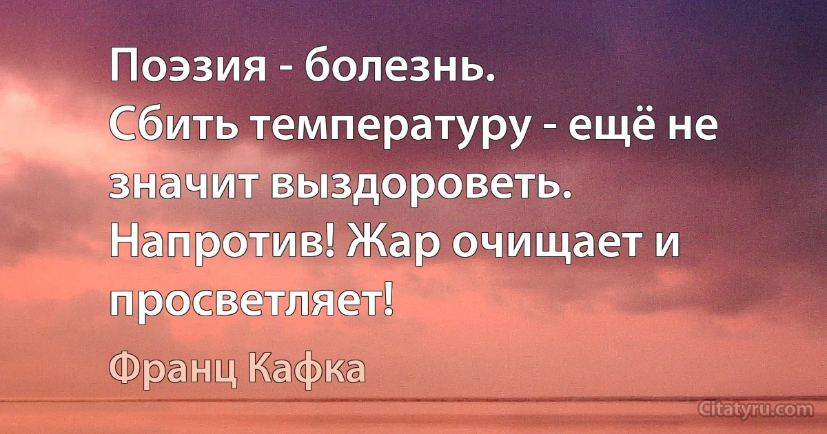 Поэзия - болезнь.
Сбить температуру - ещё не значит выздороветь.
Напротив! Жар очищает и просветляет! (Франц Кафка)