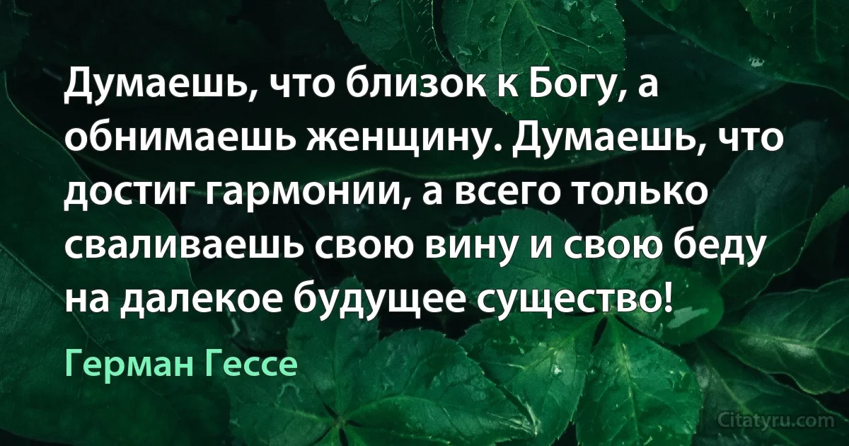 Думаешь, что близок к Богу, а обнимаешь женщину. Думаешь, что достиг гармонии, а всего только сваливаешь свою вину и свою беду на далекое будущее существо! (Герман Гессе)