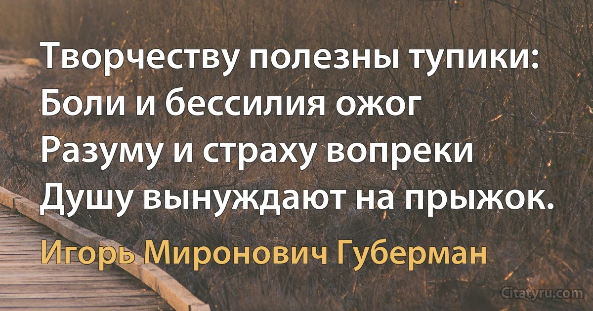 Творчеству полезны тупики:
Боли и бессилия ожог
Разуму и страху вопреки
Душу вынуждают на прыжок. (Игорь Миронович Губерман)