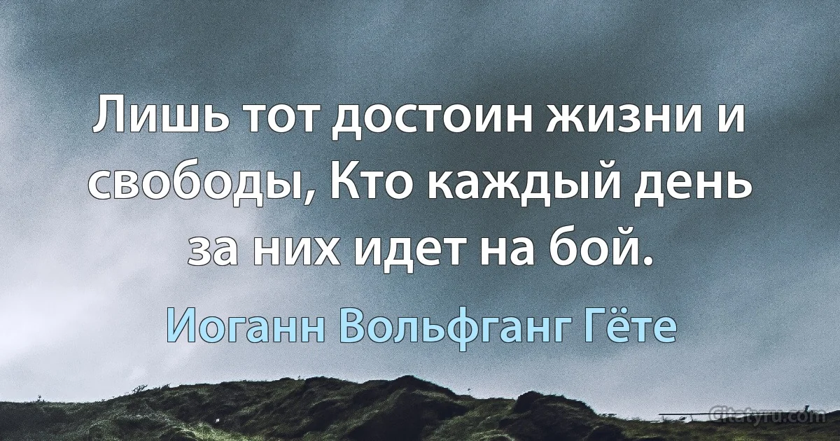 Лишь тот достоин жизни и свободы, Кто каждый день за них идет на бой. (Иоганн Вольфганг Гёте)