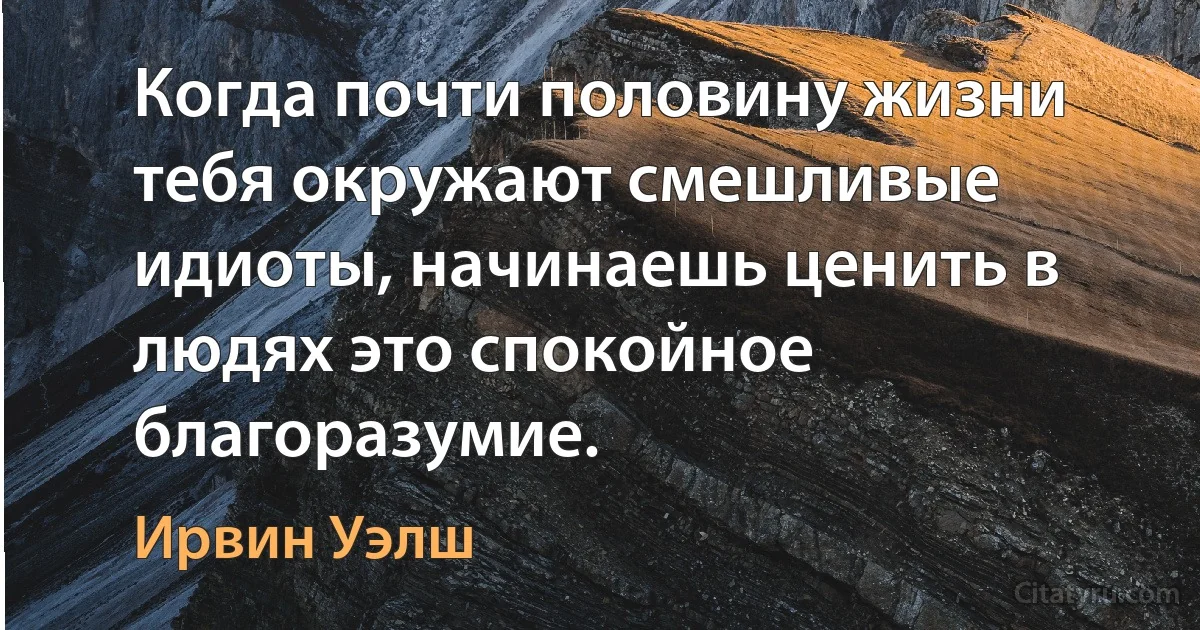 Когда почти половину жизни тебя окружают смешливые идиоты, начинаешь ценить в людях это спокойное благоразумие. (Ирвин Уэлш)